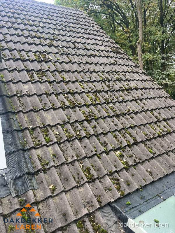 Verweerd pannendak met mosgroei dat renovatie nodig heeft in Laren Verweerd pannendak met mosgroei dat renovatie nodig heeft in Laren